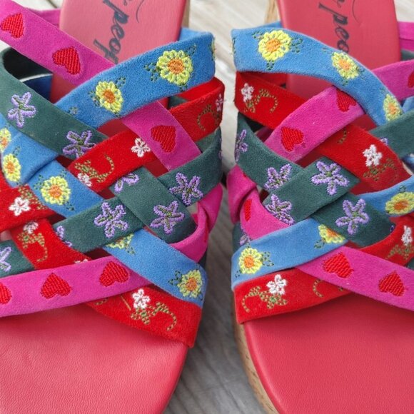 Free People Lisbon Platform Mules Sandal Embroidery Cherry Multi Cork 39/9 NEW - Picture 3 of 8